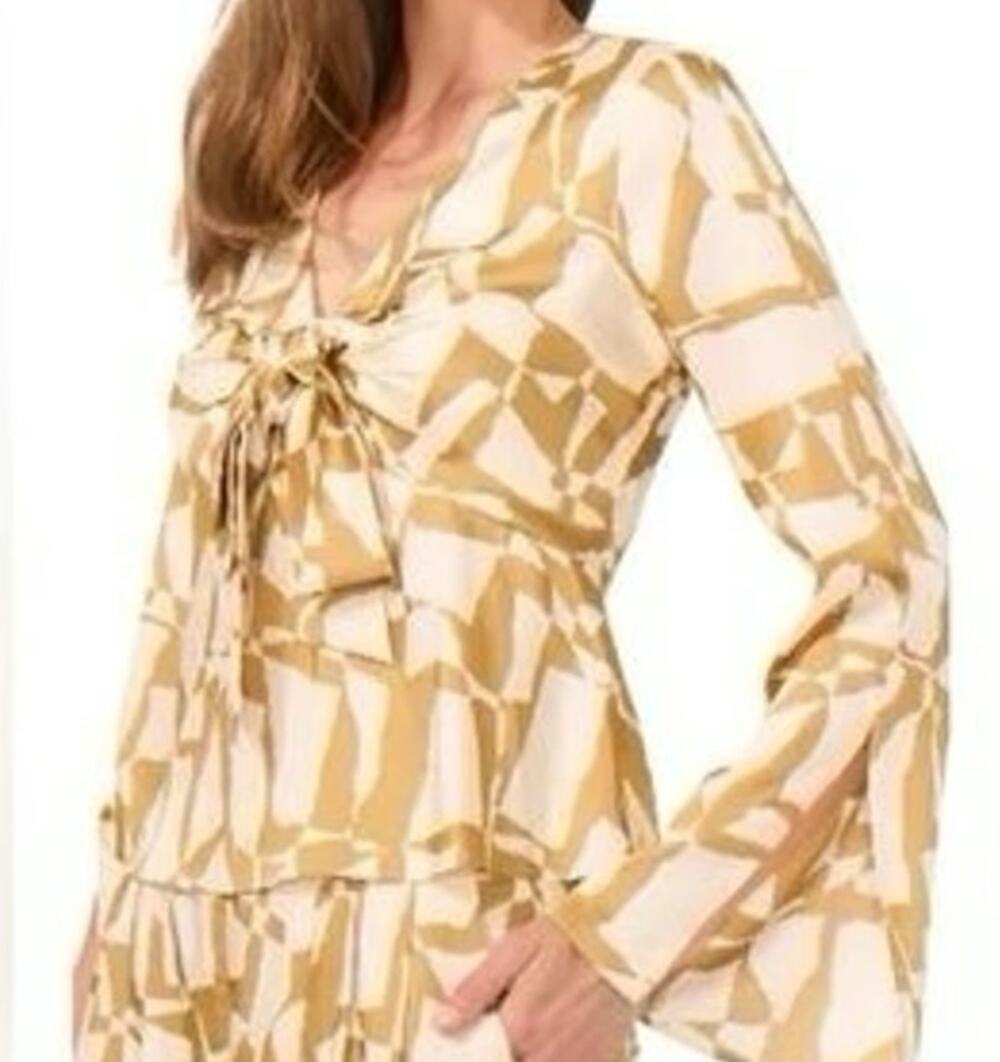 PARKER white tan fawn abstract bell sleeve boho bow front silky blouse top